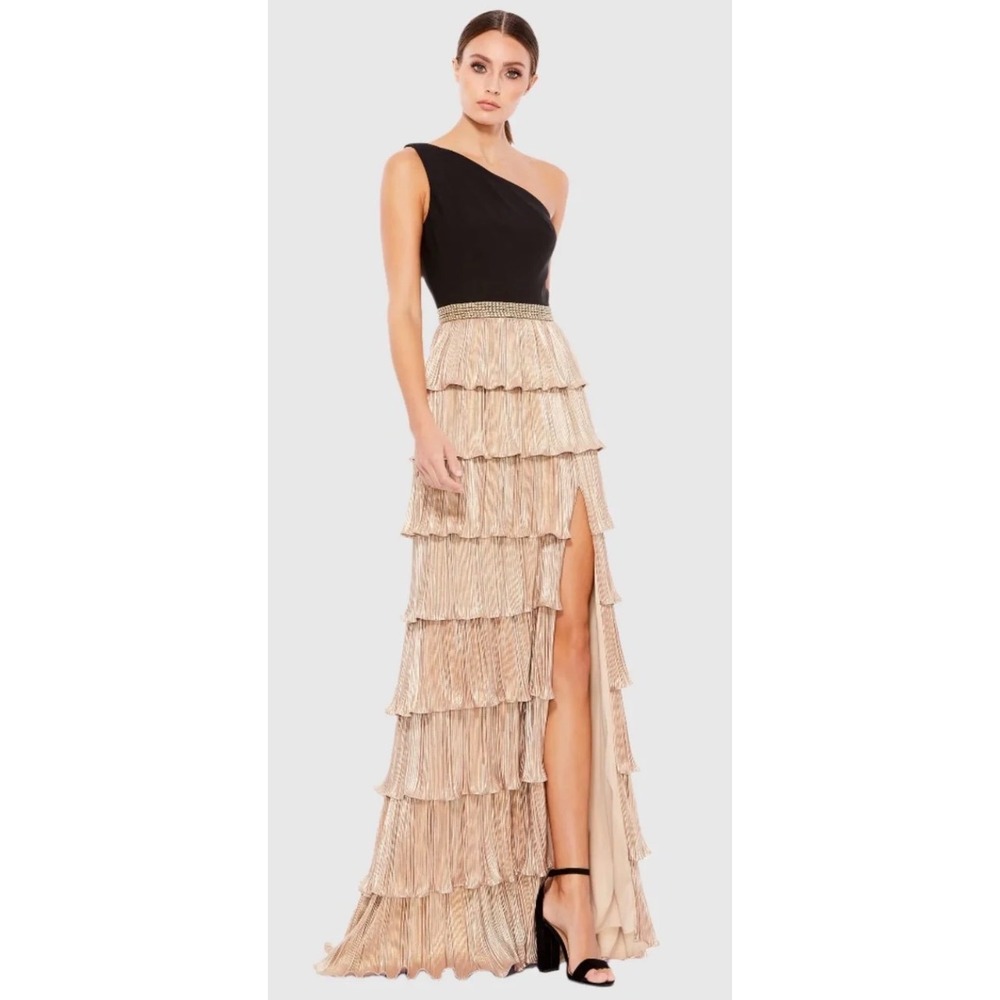 Ieena for Mac Duggal One Shoulder Tiered Metallic Gown Black Rose Gold 26541 0
